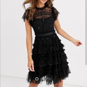 Needle & Thread embroidered tiered mini dress
in black size 2
